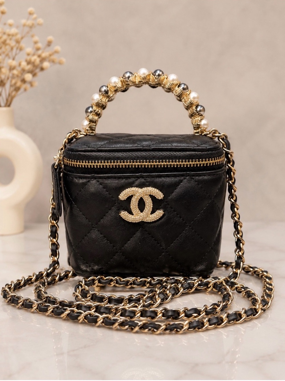 GWP Chanel Black Quilted Pearl-Handle Crossbody Bag